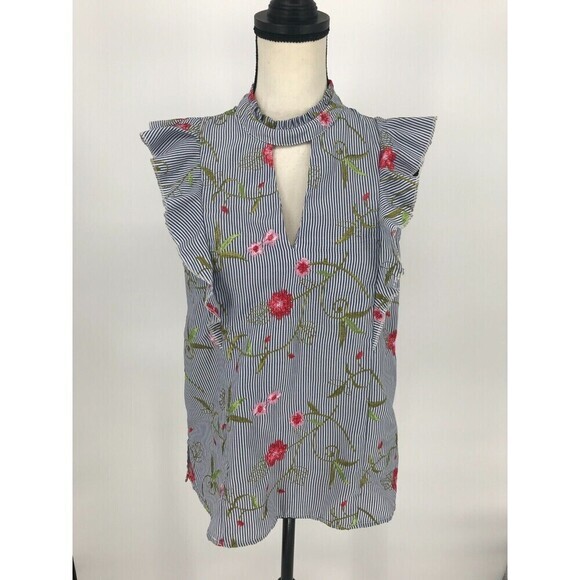 BCBGeneration Blue White Pinstripe Floral Embroidered High Neck Ruffle Top Small - Picture 10 of 12